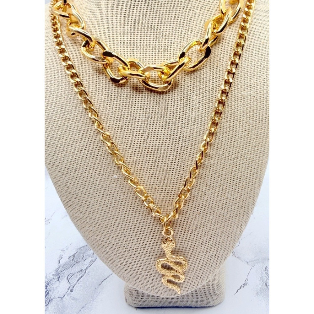 Gold Tone Layered Snake Necklace Double Chain Serpent Pendant 16–22"